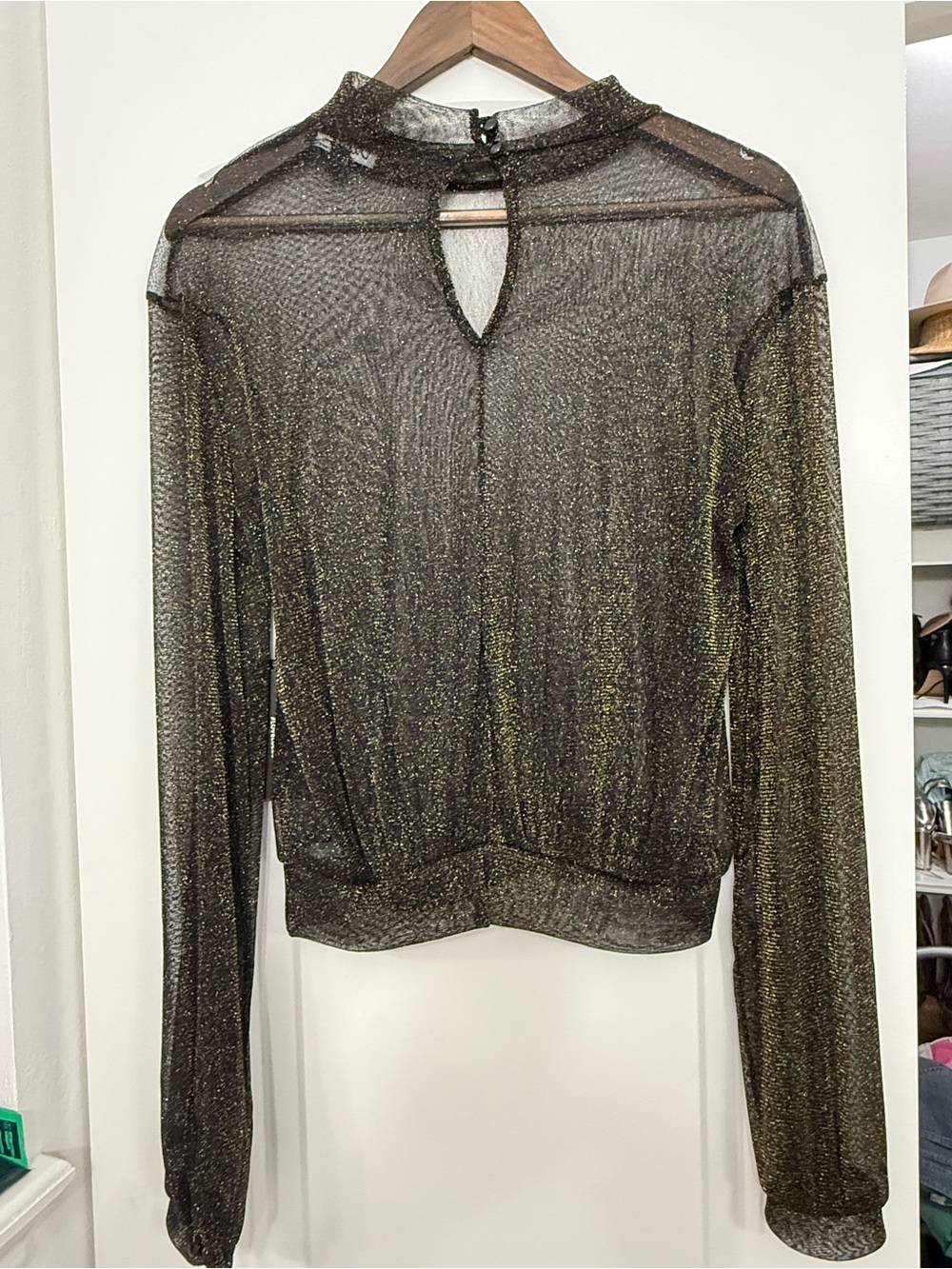 Lulu's Metallic Sheer Keyhole Mock-Neck Top - Gold and Black